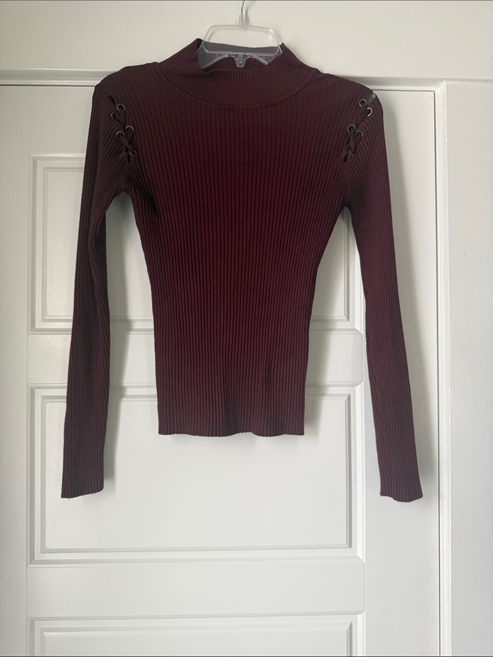 Harve Benard Burgundy Ribbed Mock Neck Top with Shoulder Lace-Up